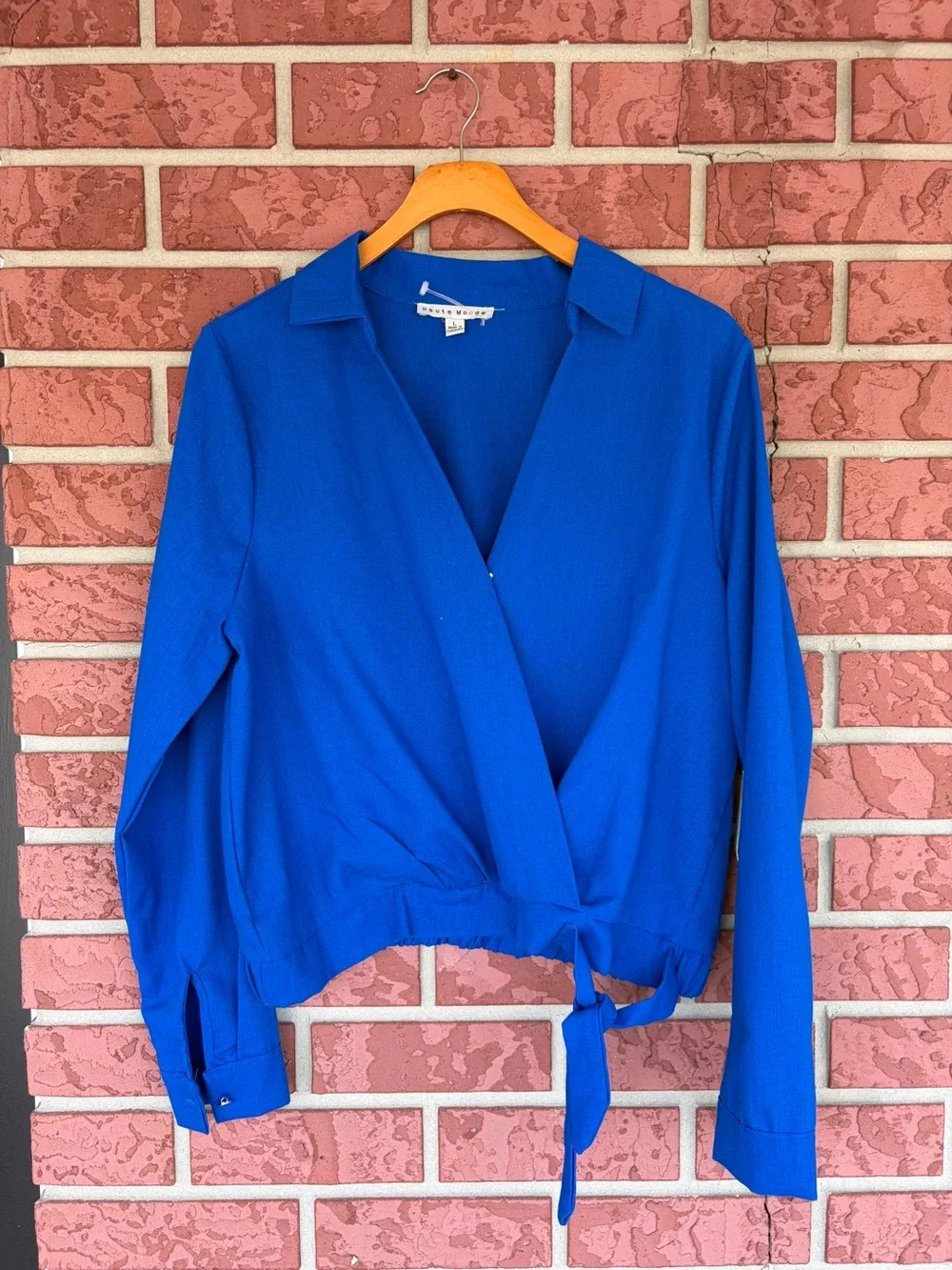Haute Monde Royal Blue Wrap Tie-Front Long Sleeve Blouse